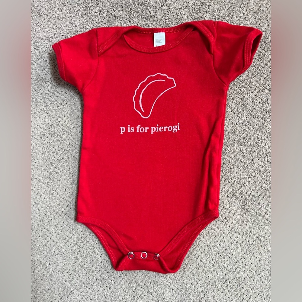 American Apparel P is Pierogi Infant 3-6 Months Red Cotton Snap Close Onesie